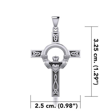 Claddagh on Celtic Knotwork Cross Silver Pendant with Chain Set TSE725 - Jewelry